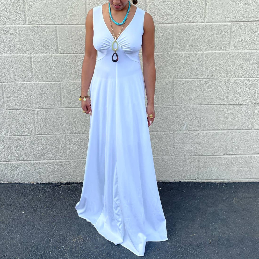 Vintage 1970s White Polyester V Neck Maxi Dress XS S